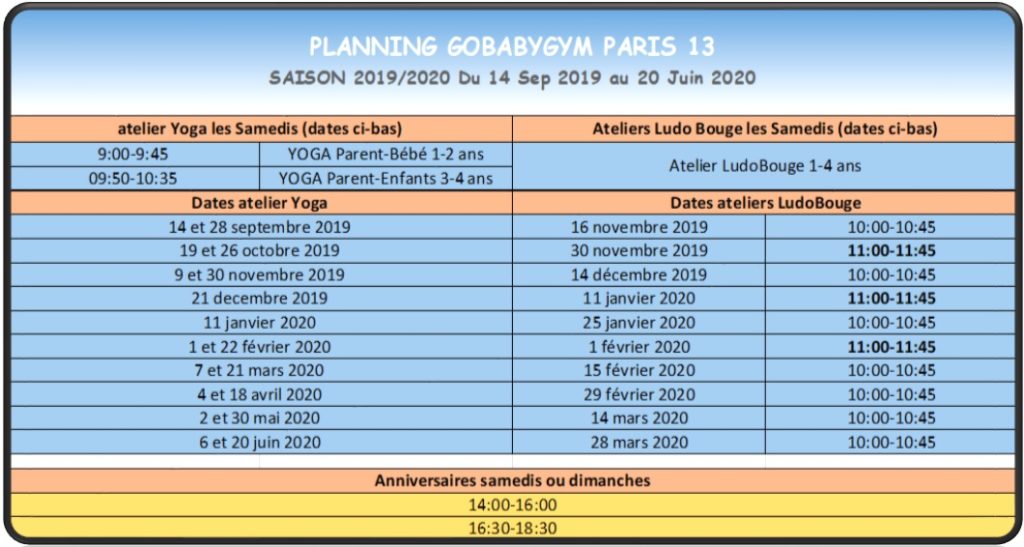 Planning Yoga et LudoBouge gobabygym paris 13 2019-2020